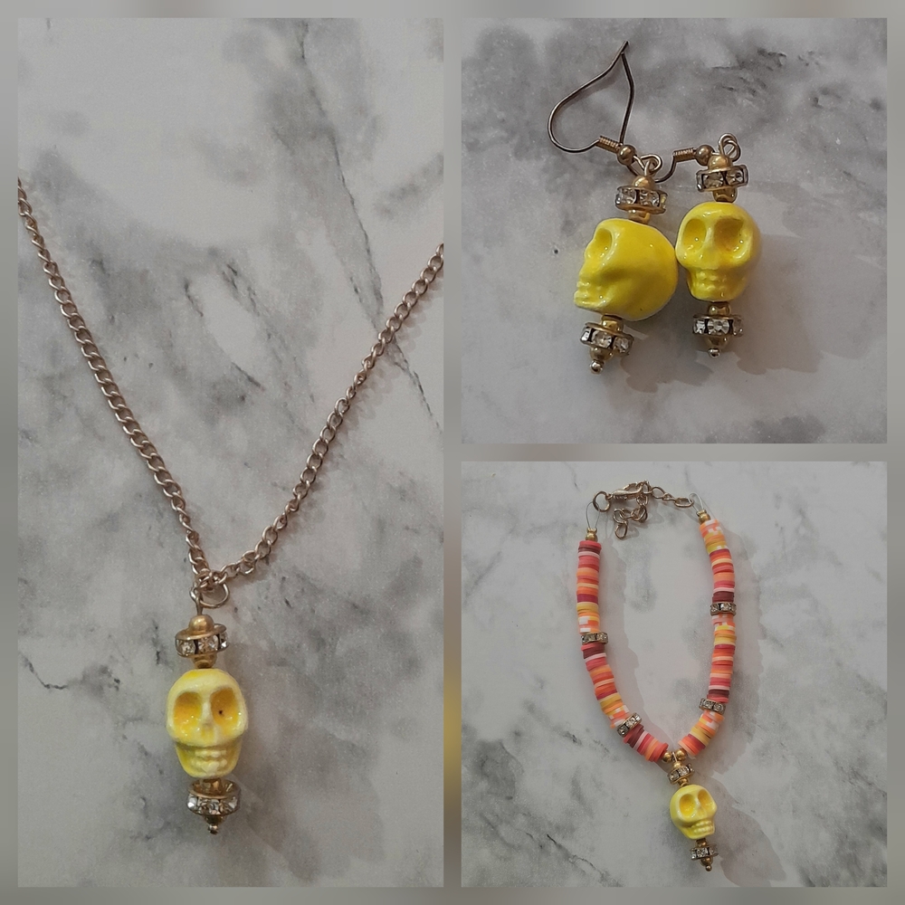Vibrant Yellow Skull Necklace Set